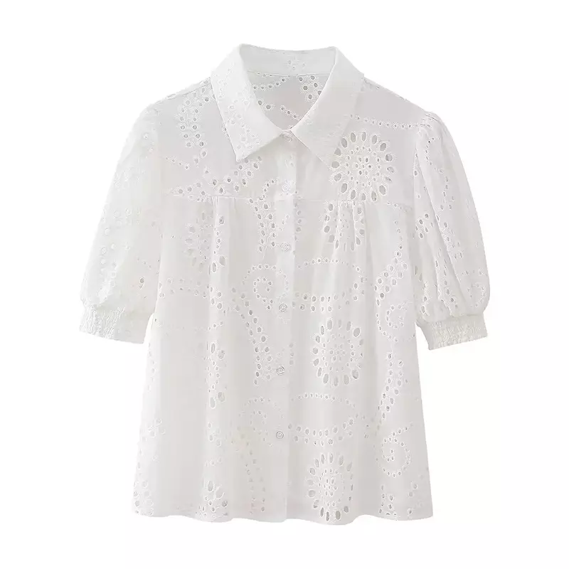 Women New Fashion Embroidery design Cropped Lapel Casual Blouses Vintage Puff Sleeve Button-up Female Shirts Chic Tops