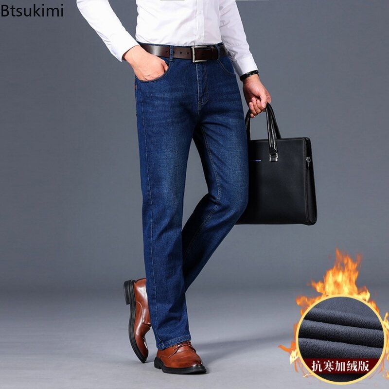 Calça jeans quente masculina, calça grossa de lã, calça reta esticada, calça de escritório comercial, outono, inverno, 2024