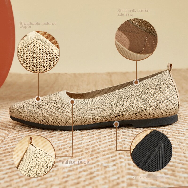 Sepatu ujung runcing, sneaker tunggal wanita nyaman kasual, sepatu rajut sol lembut, jala datar, warna Solid, musim semi/Panas 2024