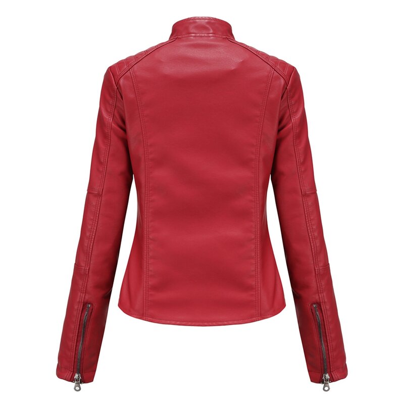 Jaket kulit pas badan wanita, ukuran Eropa jaket tipis Musim Semi dan Musim Gugur setelan sepeda motor kerah berdiri besar