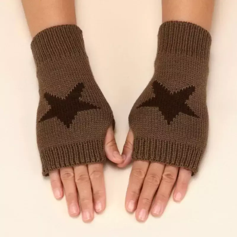 ถุงมือผ้าขนสัตว์ถักลายดาว Y2K พังค์สำหรับผู้หญิงแบบถักถุงมือครึ่งนิ้วดาวห้าแฉกครึ่งนิ้วให้ความอบอุ่นแบบนุ่ม