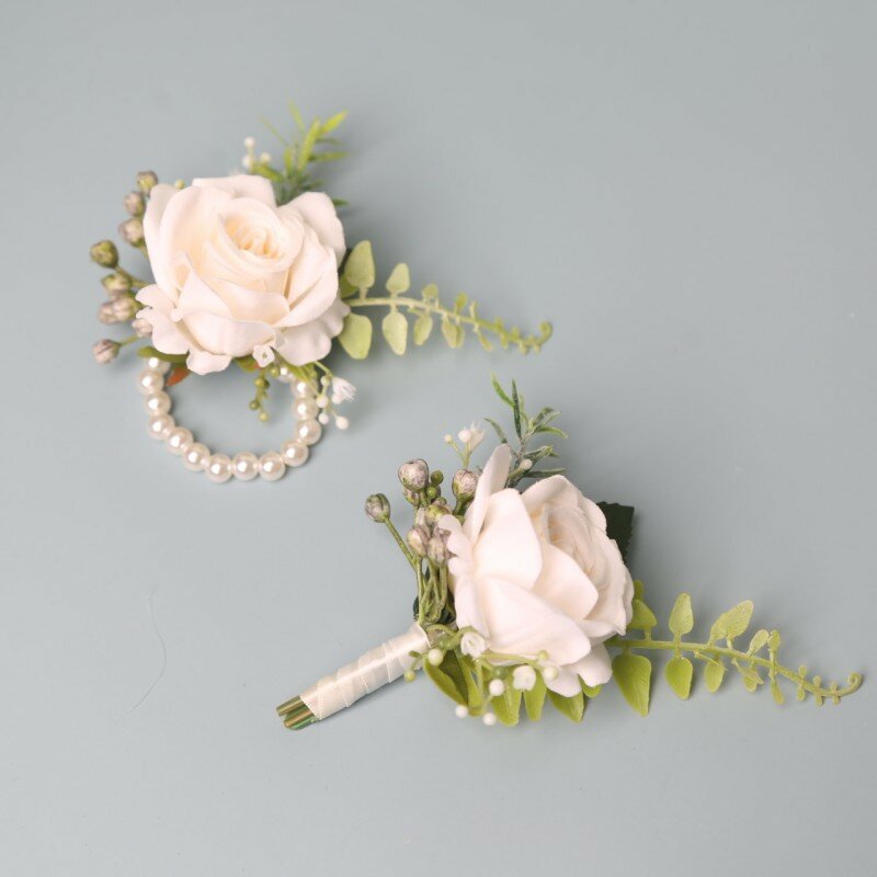 Rose bianche artificiali Boutonnieres Groomsmen testimone matrimonio accessori da sposa per la festa del matrimonio