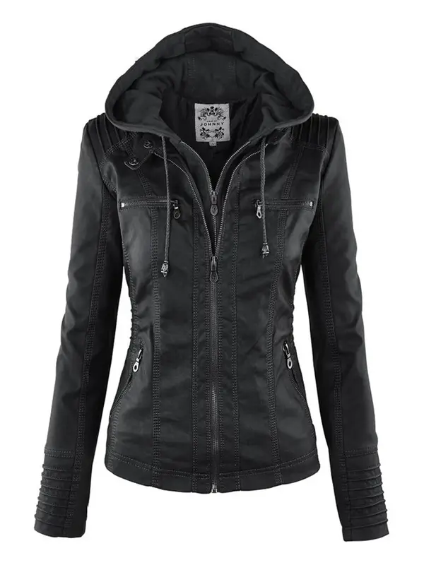 Veste de moto gothique en similicuir PU pour femme, sweats à capuche noirs, manteau basique, automne, hiver, 2023