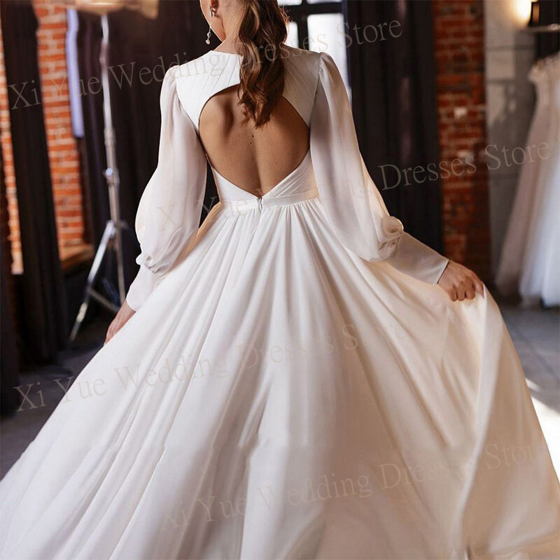 Proste, nowoczesne suknie ślubne z dekoltem w serek, długie bufiaste rękawy nowe seksowna strona suknie ślubne bez pleców z szyfonu Vestidos De Novia