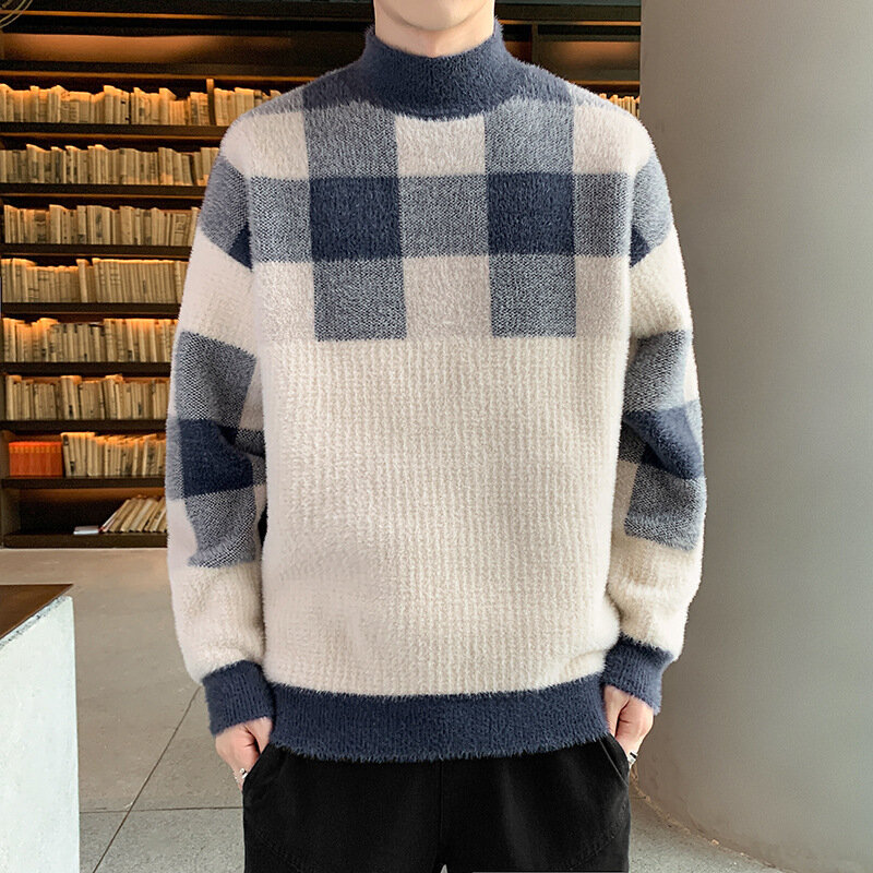 따뜻한 격자 무늬 하프 터틀넥 스웨터, 남성 겨울 패션, 두꺼운 남성 스웨터, 캐주얼 풀오버, 남성 의류, 뜨개질 상의, MY935