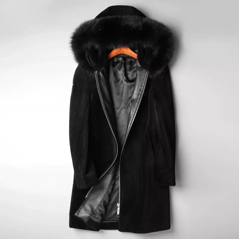 AYUNSUE 2021 Granulated Sheep Shearling Coat Men Winter Mid-length Fox Fur Collar Wool Fur All-in-one Fur Coat Casaco Masculino