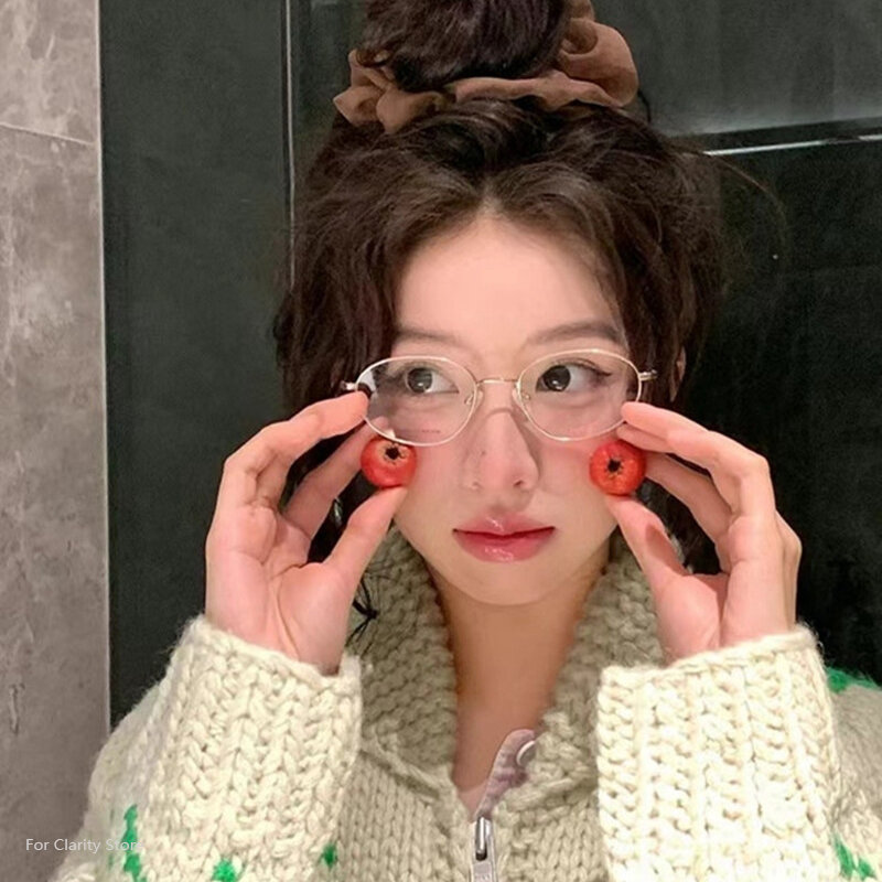 แว่นตากรอบแก้วรูปไข่สไตล์เกาหลีสำหรับผู้หญิงน่ารัก INS แบบไม่มีเครื่องสำอางแว่นตาธรรมดาสำหรับผู้ชายแว่นตาคอมพิวเตอร์สำหรับตกแต่งแบบน่ารัก