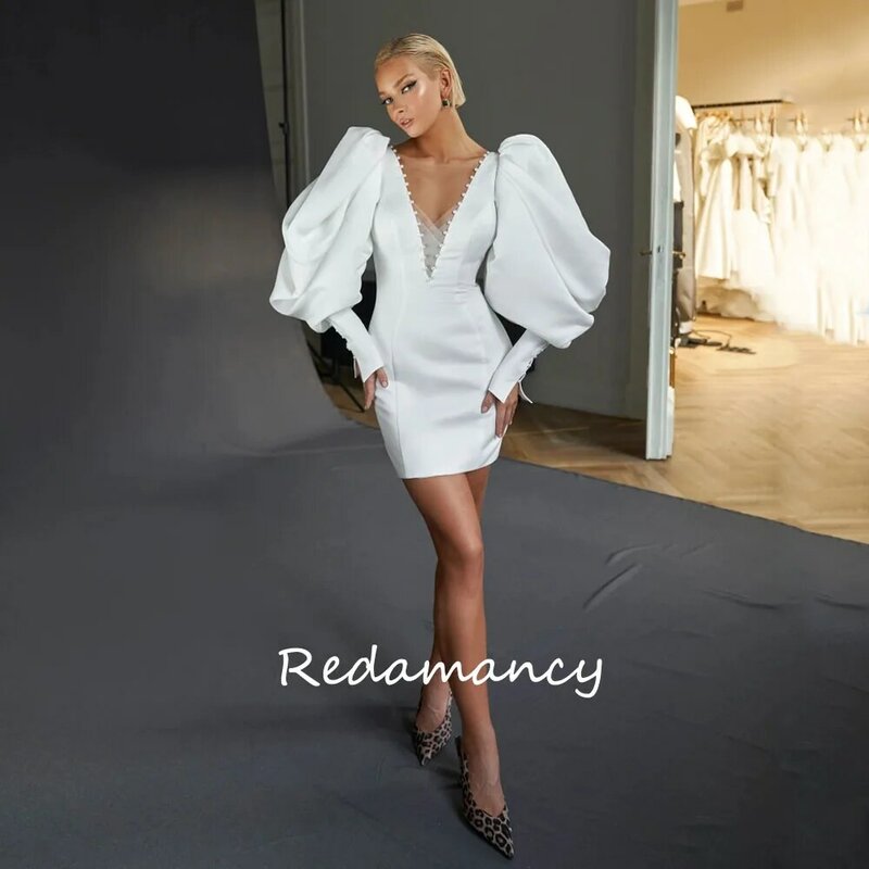Redamancy-Beading cetim sereia vestidos de casamento para mulher, decote em v profundo, acima do joelho, manga puff