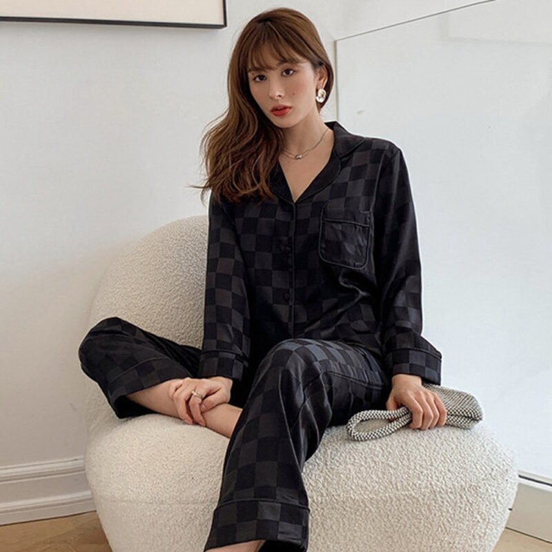 Pijama feminino falso de seda manga longa, pijama simples, pijama elegante, pijama feminino de luxo, nova moda, primavera e outono