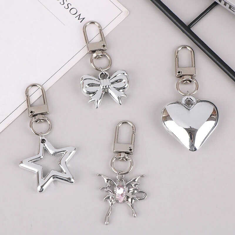 Korean Simple Star Bow Heart Keychain Headphone Case Charm Bag Pendant Decoration Y2K Silver Color Metal Keyring