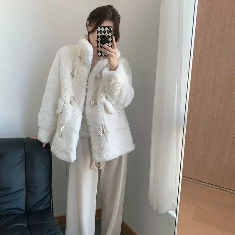 Korean style imitation fur women's lamb fur coat fur integrated stand collar mid-length thickened coat winter 2023 new style