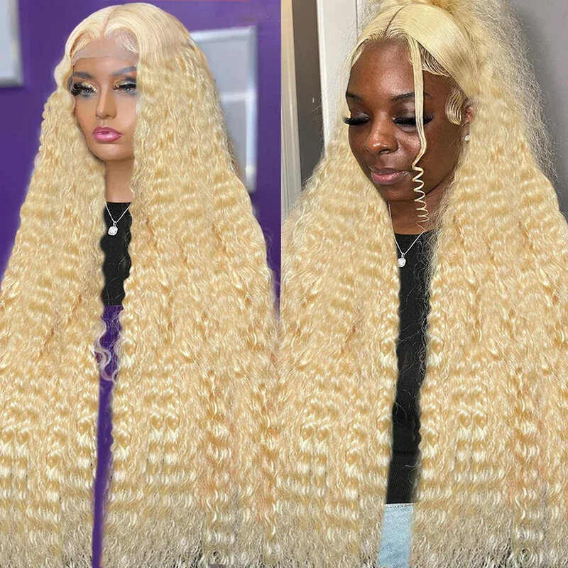 Honey Blonde Água Curly Lace Frontal Wig para Mulheres, Perucas de Cabelo Humano, Transparente Lace Front, Onda Profunda, Densidade 180, 13x4, 613