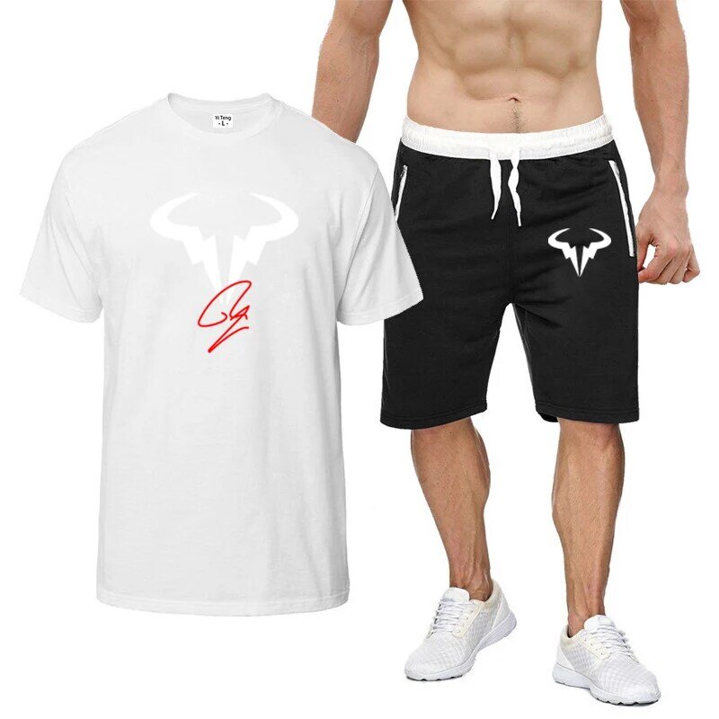 Rafael Nadal 2023 Men's New Summer Hot Printed Cotton Round Neck Short Sleeve Casual Cotton T-shirt Tops + Shorts 2-Pieces Sets