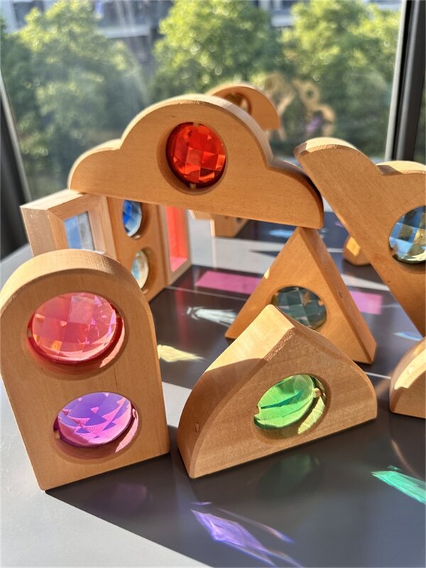 Kids Sparkling Orient Gems Wooden Toys Step Gables Stacking See Through Rainbow Shape Building Blocks