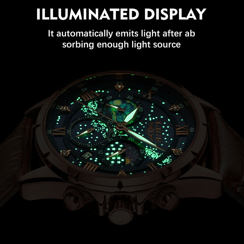 Часы наручные LIGE Мужские кварцевые, повседневные спортивные роскошные водонепроницаемые светящиеся с хронографом и датой, с кожаным ремешком