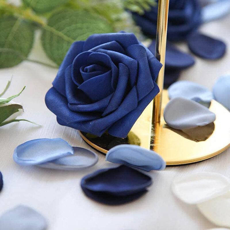 Pétalos de rosa de seda de 100 piezas, pétalos de flores azul marino polvoriento para boda, cesta de flores para chica, pasillo, mesa de cena, decoración del hogar