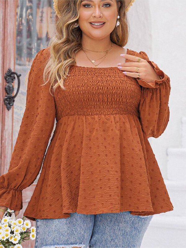 Plus Size Spring Square Collar Tops Women Ruffle Pleated Fashion Polka Dot Ladies Blouses Long Sleeve Casual Loose Woman Tops