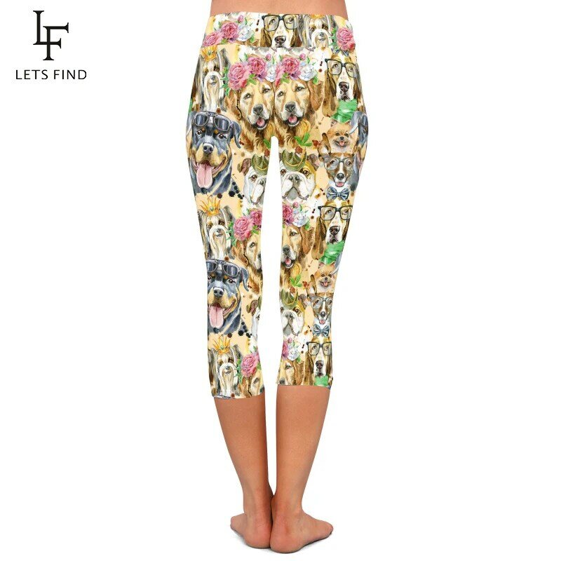 Letsfind verão moda feminina capri leggings 3d bonito cães imprimir cintura alta leggings de fitness meados de bezerro calças