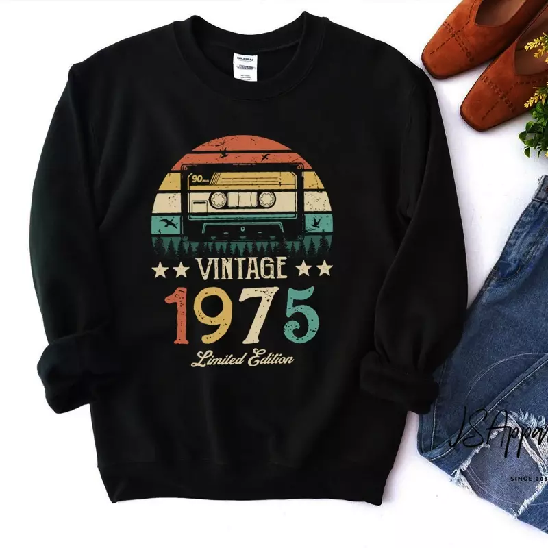 Original Design Vintage Magnetic Tape 1975 49th 49 Years Old Women Sweatshirt Harajuku O Neck Birthday Party Clothes Jumper Top
