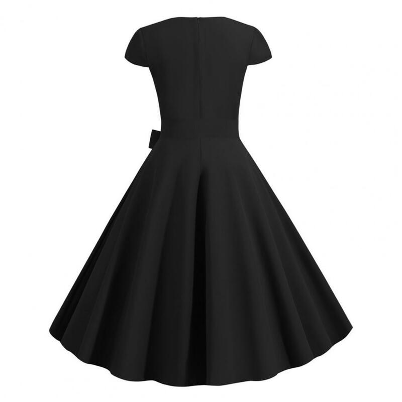 Party Dress Retro Princess Style Midi Dress with V Neck Belted Bow Decor A-line Big Swing Design for Women Stretchy Solid Dress