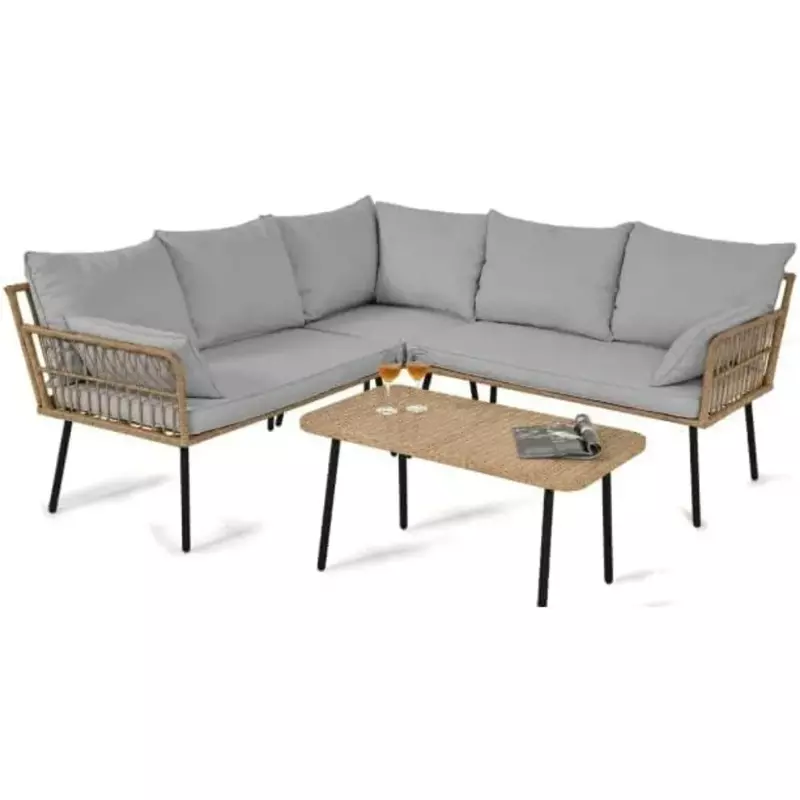 Sofá de mimbre en forma de L para exteriores, conjunto de muebles de Patio de 4 piezas con cojines de espesor y mesa auxiliar