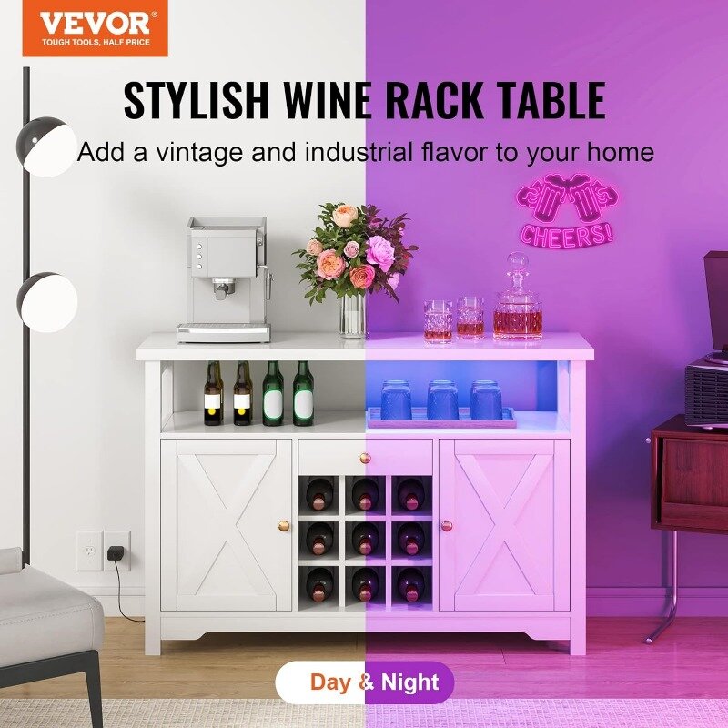 خزانة بار صناعية VEVOR ، طاولة نبيذ للخمور والنظارات ، خزانة بوفيه جانبية مع رف نبيذ ، 47 في