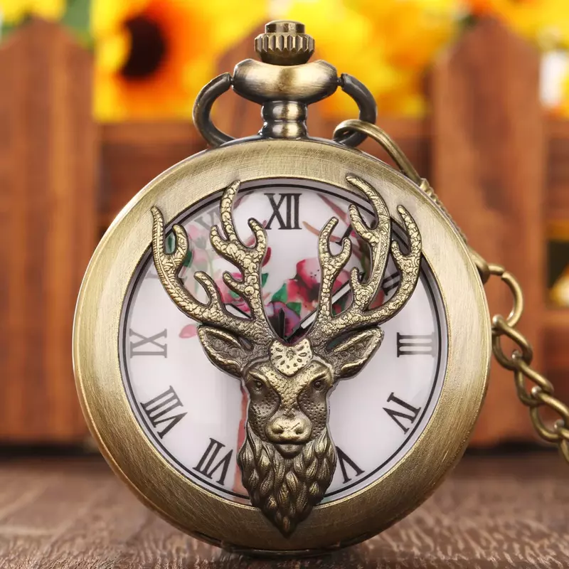 Jam tangan saku Quartz kepala rusa berongga perunggu, Semi pemburu, hadiah Digital Romawi, Kalung liontin, pria dan wanita
