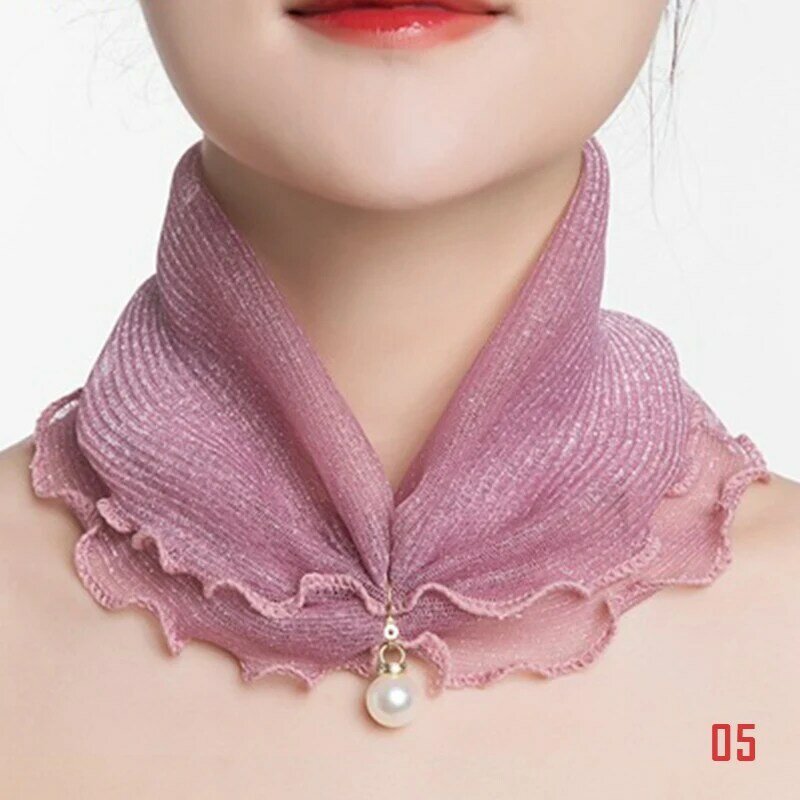 All-match Mesh Scarf Small Fake Pearl Pendant Neck Cover Sun Protection Chiffon Bib Scarves Pure Color Women Lace Thin Scarf
