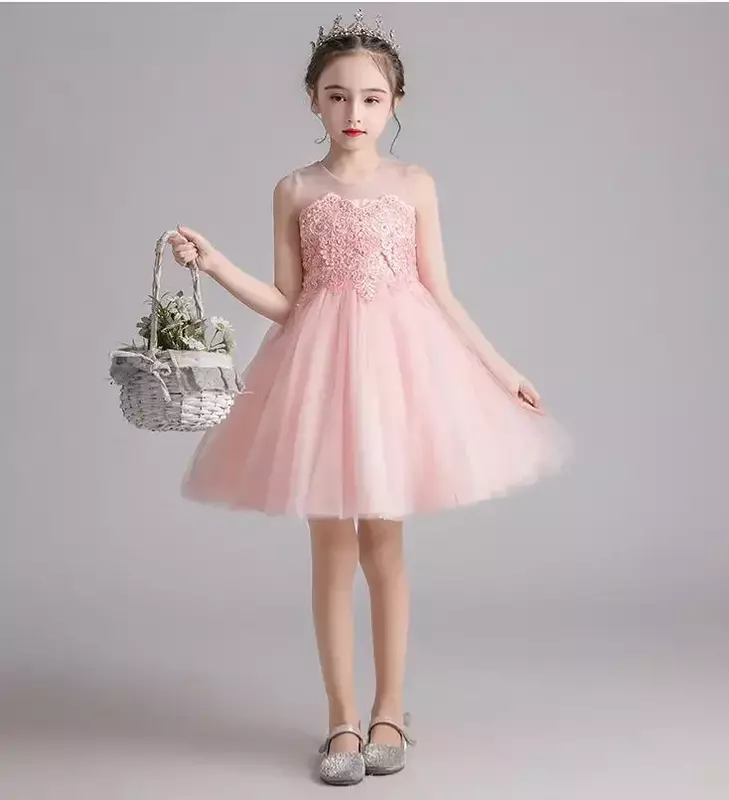 Платье для девочек, Новинка лета 2024, платье принцессы с цветами для девочек, Сетчатое пушистое детское праздничное платье для выступлений