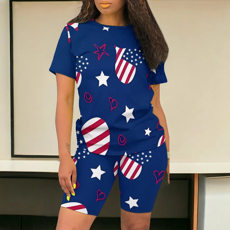 Summer Casual Africa Printi Two Piece Set Suit Women Cartoon Printed O Neck Short Sleeve T Shirt Top Shorts Suit Women Tracksuit