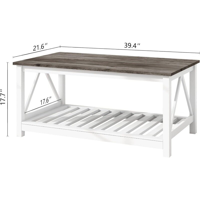 UYIHOME Farmhouse Coffee Table for Living Room, 2-Tier Rectangular Wooden Centre Cocktail Table with Slats Shelf Storage