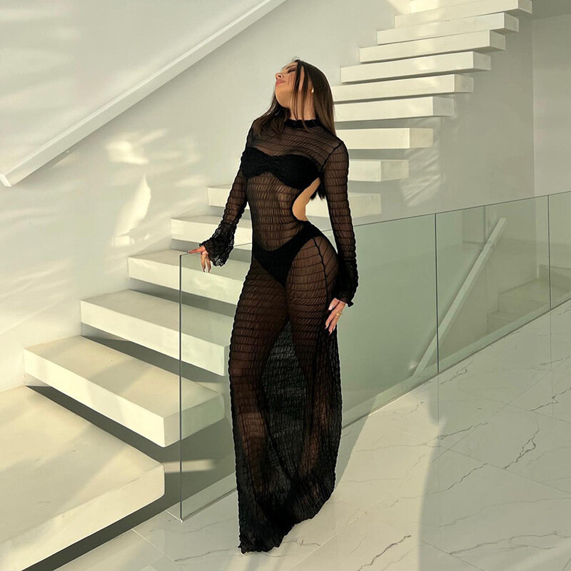 Seksowna przejrzysta bez pleców sukienka damska moda z długim rękawem wąska sukienka na przyjęcie wieczorowe lato biała długa osłona do Bikini sukienka 2024 czarna