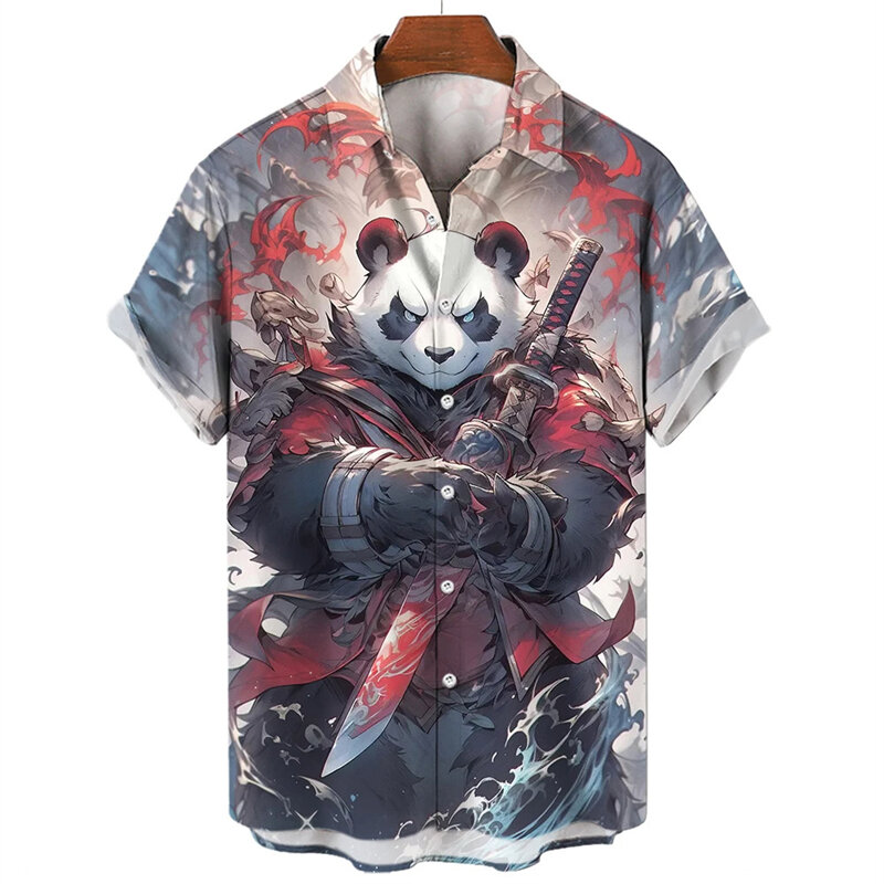 Letnia Panda wojownicza 3D koszule z nadrukiem męska modna koszula z krótkim rękawem Casual koszule plażowe jednorzędowa koszula odzież męska