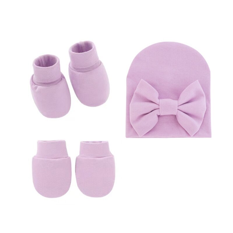 77HD Baby Bowknot Hat No Scratch Gloves Set Cover Foot Covers Infants Soft Cotton Mittens Gorros Cap Meias Kit for Newborn