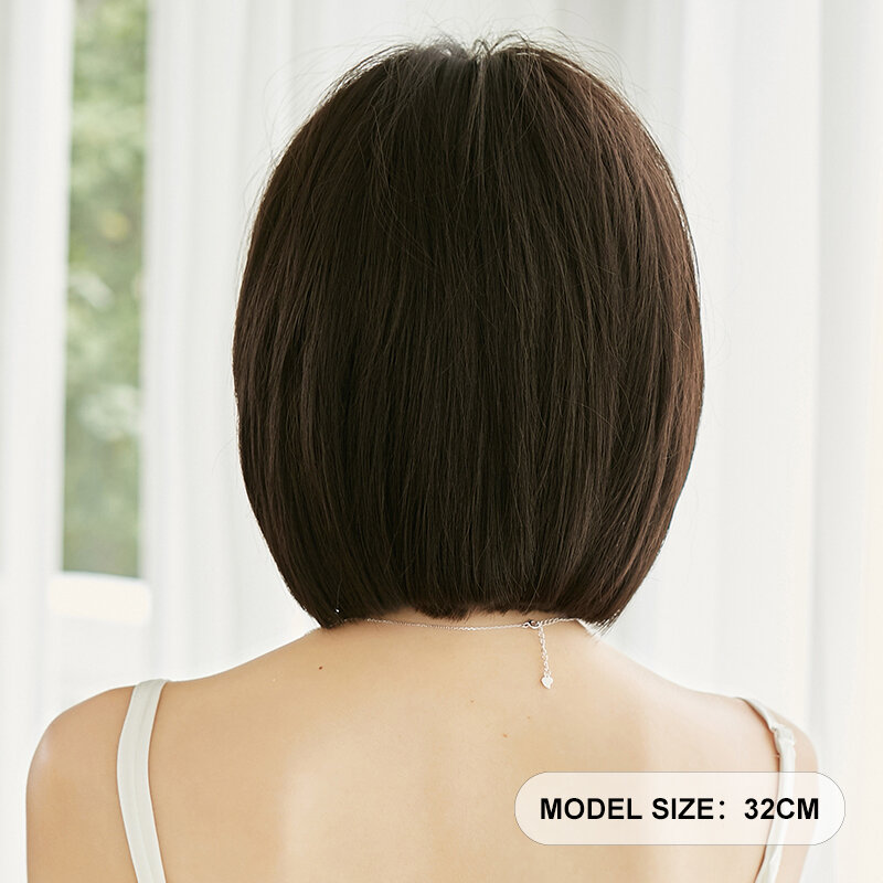 7jhhウィッグ-女性用フリンジ付き合成ウィッグ、短いストレートヘア、高密度、クールブラウン、日常使用