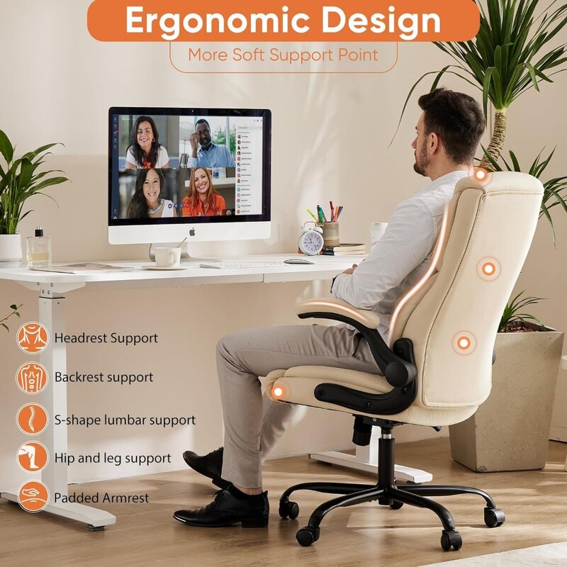 Ergonomiczne krzesło biurowe wysokim oparciem wytrzymały krzesło biurowe, skóra PU, regulowane obrotowe krzesło na kółkach, kolor kremowy