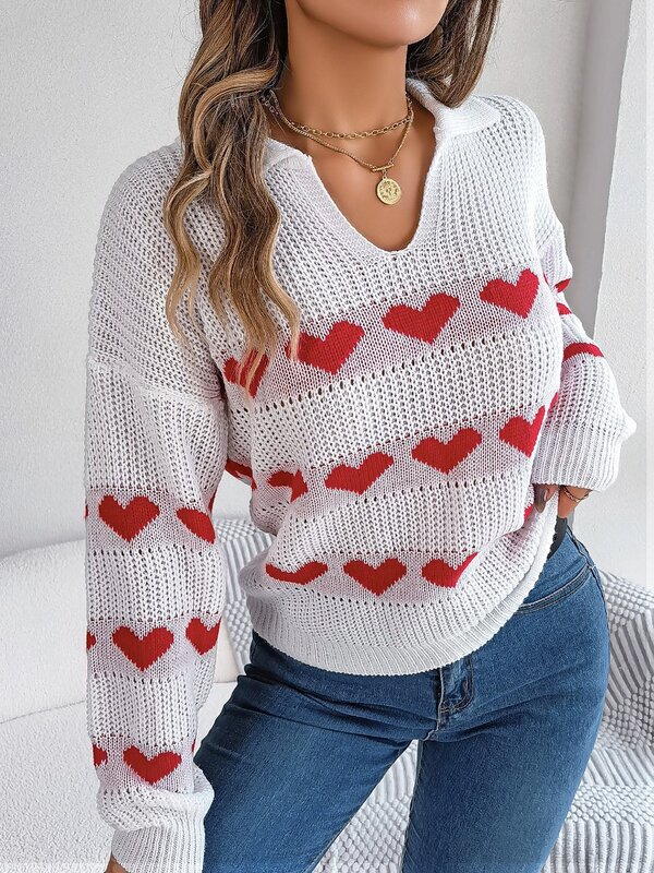 Повседневный Свободный вязаный свитер Love, пуловер для осени/зимы, женские пуловеры, новинка 2023, облегающее поло, Однотонный свитер с длинным рукавом