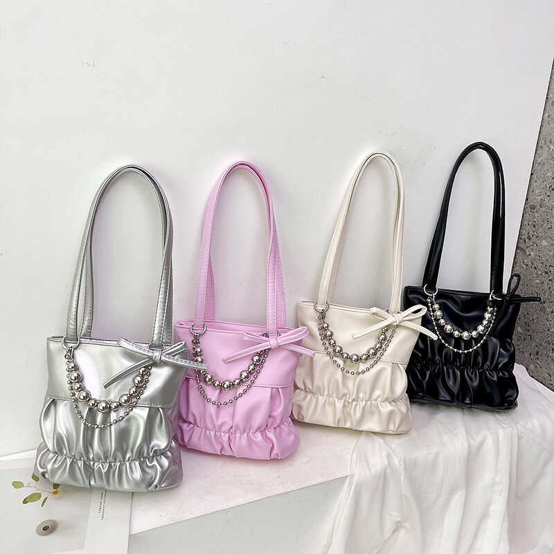 Srebrne miękkie skórzane torby na ramię dla kobiet 2024 Luksusowe designerskie plisowane torebki i portmonetki Modne torby na ramię z górnym uchwytem