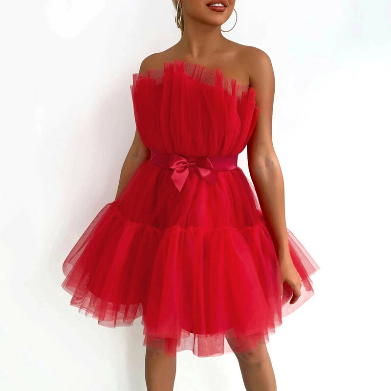 Vestido de verano rosa con hombros descubiertos para mujer, minivestido plisado de malla para boda y fiesta, Formal, 2024