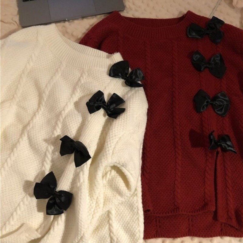 Women Pullovers Knitwear Sweet Kawaii Christmas Leisure Sweaters Loose All Match Red White Vintage New Years Cloth Fashion Cozy