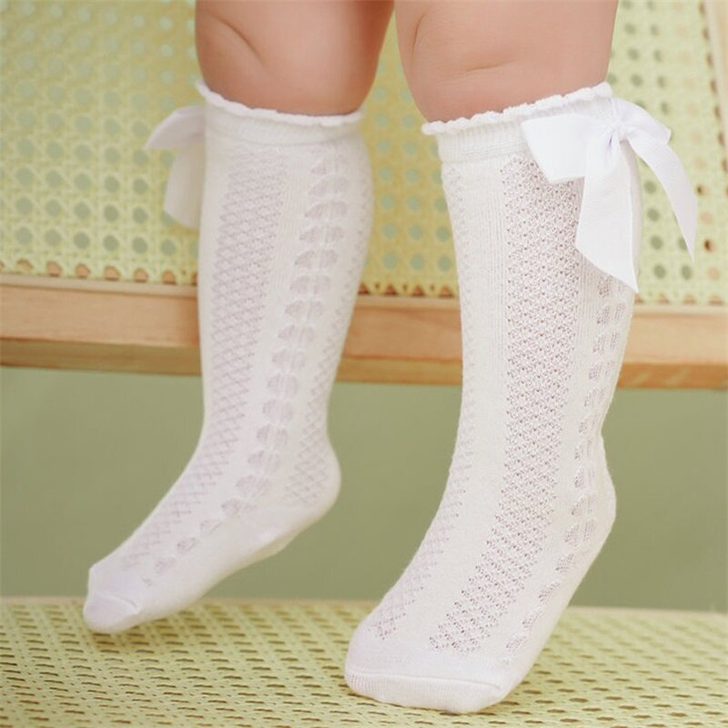 Criança bebê meninas meias cor sólida bonito bowknot princesa malha meias longas infantil primavera verão meias casuais