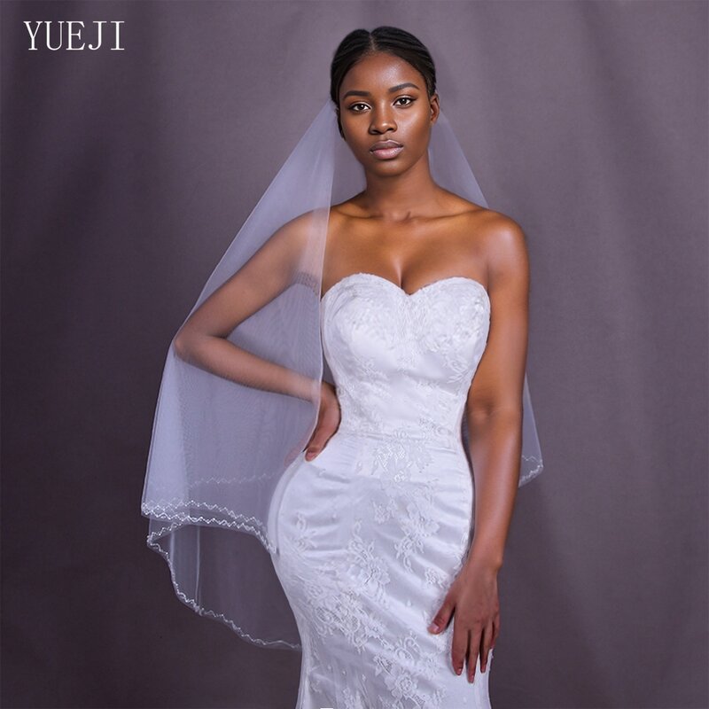 YUEJI Bridal Double Layer Hand-Beaded Veil Wedding Blusher Soft Tulle White Fingertip Crystal Edge With Comb Bridal Veil 0121