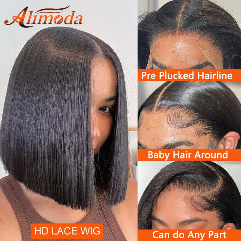 Peruca brasileira reta curta para mulheres, perucas de cabelo humano frente do laço, pré arrancadas com cabelo de bebê, 13x4