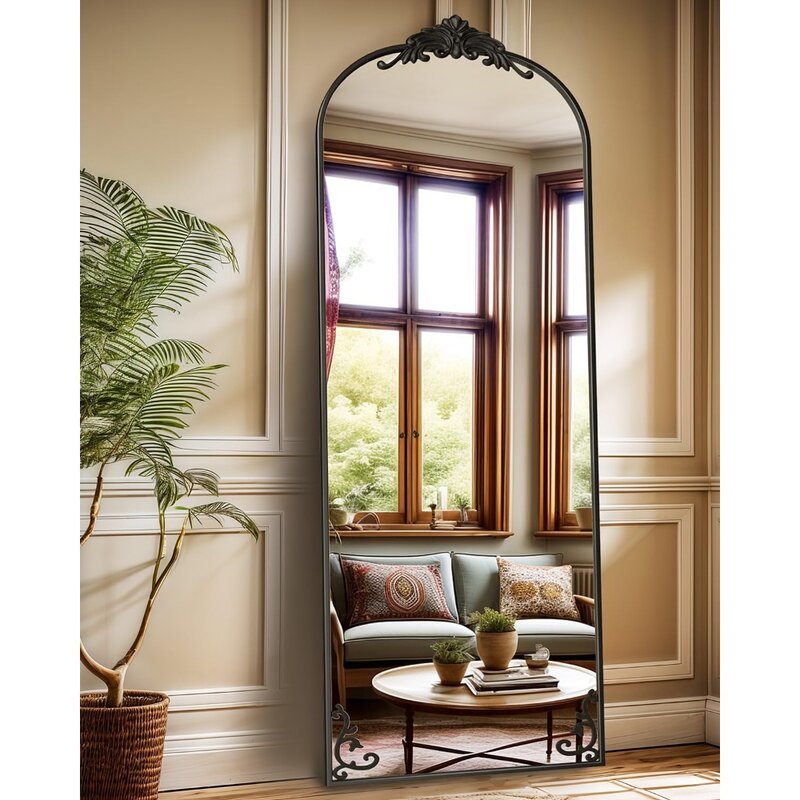 Arched Full Length Mirror,Floor Mirror Freestanding with Carved Metal Frame&Bottom Art Carved,Standing/Halling Large Wall Mirror