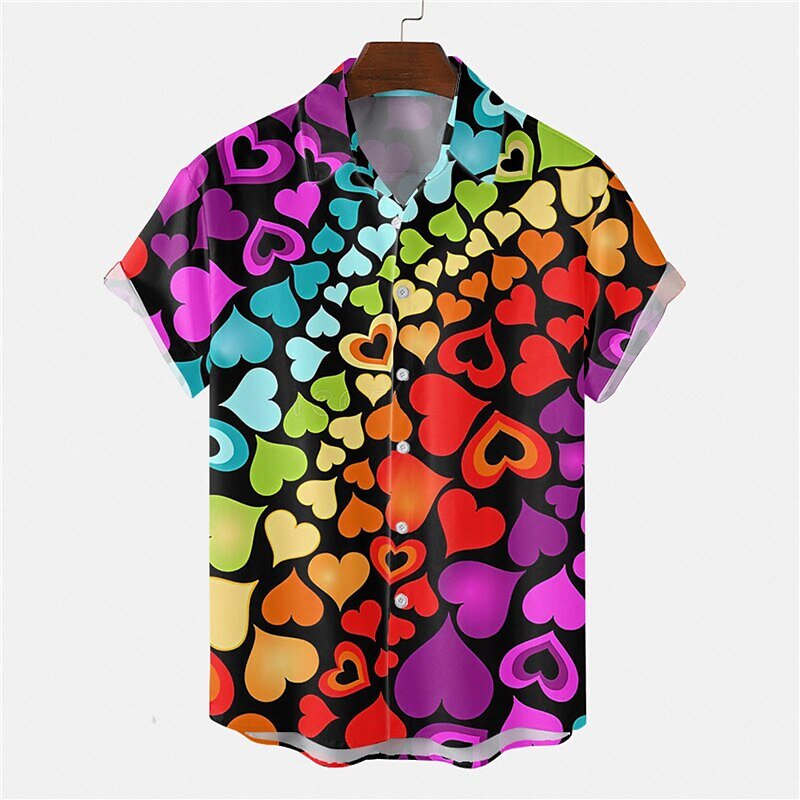 Мужская рубашка с отложным воротником, летняя повседневная гавайская рубашка с принтом сердечек, радужной расцветки, модная одежда с короткими рукавами и пуговицами