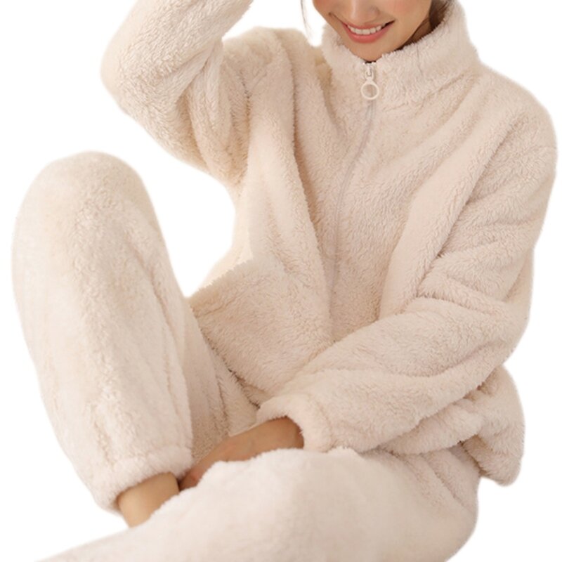 Damespyjamasets Warme fleece loungewear Damespyjama's met mouwen Nachtkleding
