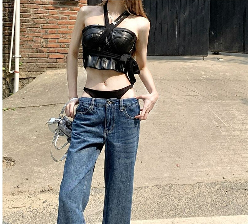 سراويل جينز عالية الخصر بيكيني الربط الصيف Harajuku مثير بنطلون مستقيم الساق ضئيلة واسعة الساق السراويل شخصية فضفاض الجينز النساء
