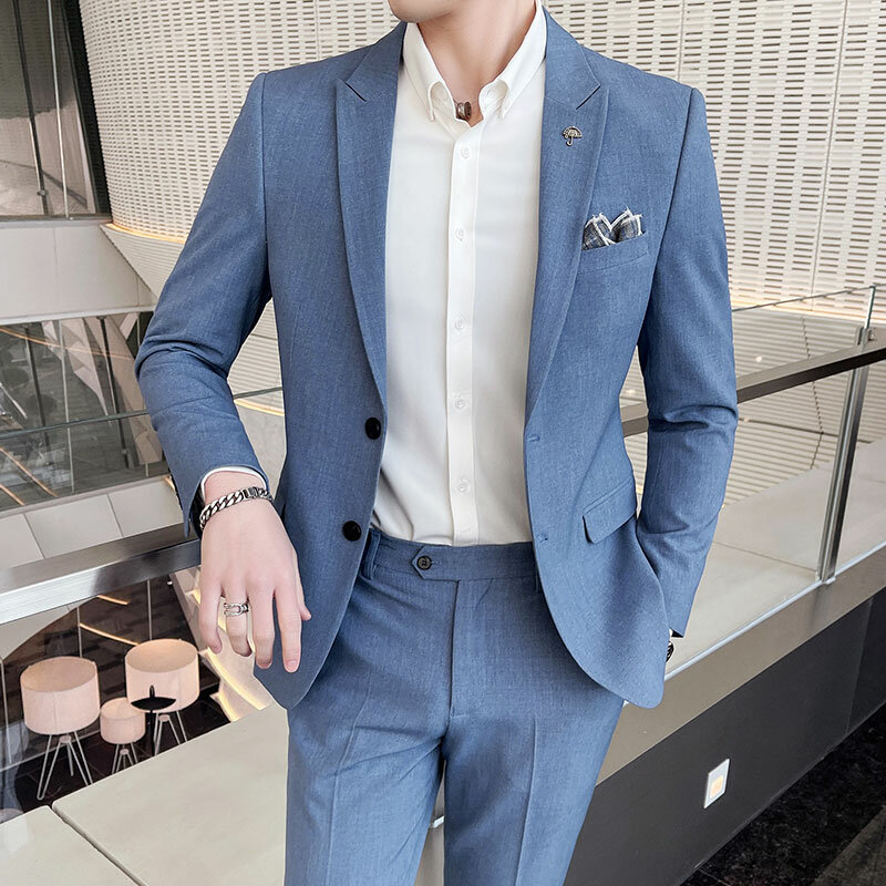 (Пиджак + брюки) Модные мужские однотонные костюмы для отдыха Серые Синие черные облегающие мужские деловые костюмы для банкетов размеры 6XL 7XL