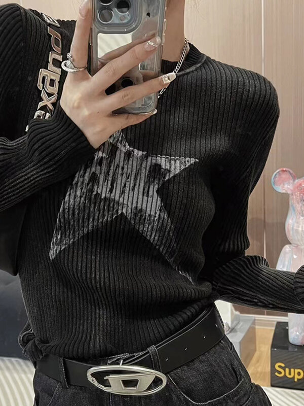 Женский свитер в полоску, черный вязаный пуловер оверсайз с круглым вырезом, Свободный Повседневный джемпер в Корейском стиле, в готическом стиле, для осени и зимы