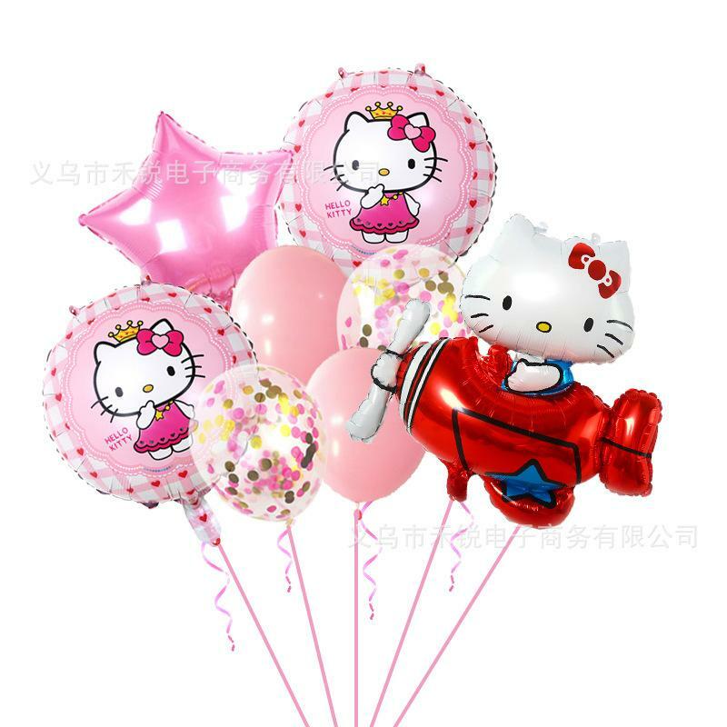 Balão bonito Sanrio Olá Kitty para menina, Balões metálicos, Pacote de aniversário, Layout Presente, Festa Kawaii, Novo, 9pcs